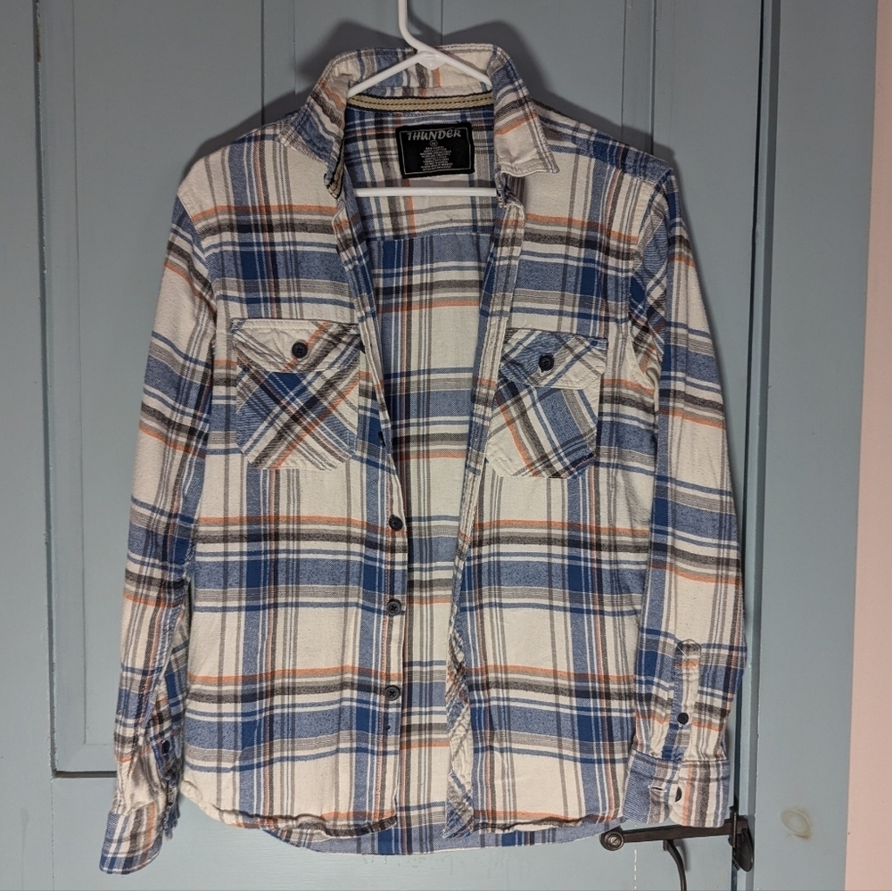 Thunder Flannel Shirt Tokyo Laundry buttons Plaid M, blue white, western cowboy